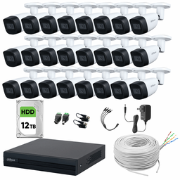 Dahua DHT0250013 Kit de Video Vigilancia 24 Cámaras 5 MP Metálicas 12TB de Disco Duro + Bobina de Cable UTP Cat53 y Transceptores Cámaras de Seguridadcon Detección de Movimiento Circuito Cerrado