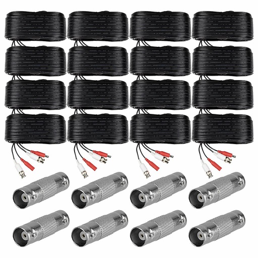 CRONOS FRIGG Kit 16 Cables WB0120C Armado para Video y Energia de 20 Metros c/u + 8 Conector PSUBR03 BNC Barril Hembra