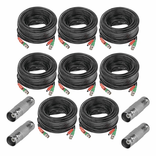 Kit FRIGG-2 8 Cables Coaxial BNC + Alimentación Para Cámaras 4K DE 20 Mts. c/u + 4 Barril BNC Hembra PSUBR03