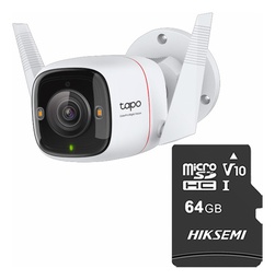 TAPO & cronos Cámara de seguridad TAPO-C325WB-PLUS-64 + MicroSD 64GB Visión Nocturna ColorPro 2K QHD Detección de movimiento protección IP66 Inalámbrica/Cableada CCTV Sirena C325WB Audio doble vía