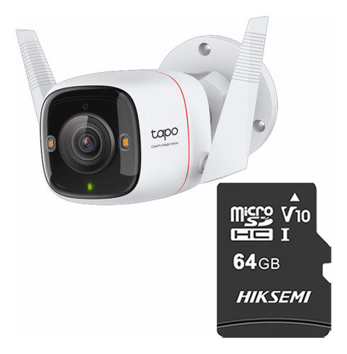 TAPO & cronos Cámara de seguridad TAPO-C325WB-PLUS-64 + MicroSD 64GB Visión Nocturna ColorPro 2K QHD Detección de movimiento protección IP66 Inalámbrica/Cableada CCTV Sirena C325WB Audio doble vía