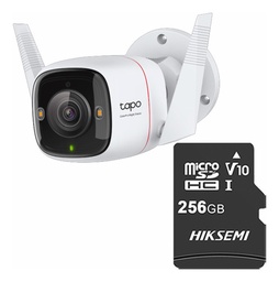 TAPO & cronos Cámara de seguridad TAPO-C325WB-PLUS-256 + MicroSD 256GB Visión Nocturna ColorPro 2K QHD Detección de movimiento protección IP66 Inalámbrica/Cableada CCTV Sirena C325WB Audio doble vía