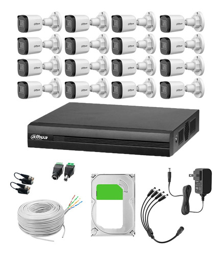 Dahua & Cronos Kit De 16 Cámaras Bullet de 2 MP Lente 3.6MM 80° de Apertura Visión Nocturna IR De 30mts Con Resistencia IP67 Ideal Para Exteriores Compatible con CVI/TVI/AHD/CVBS/ Con Bobina de Instalación + Disco Duro 3TB