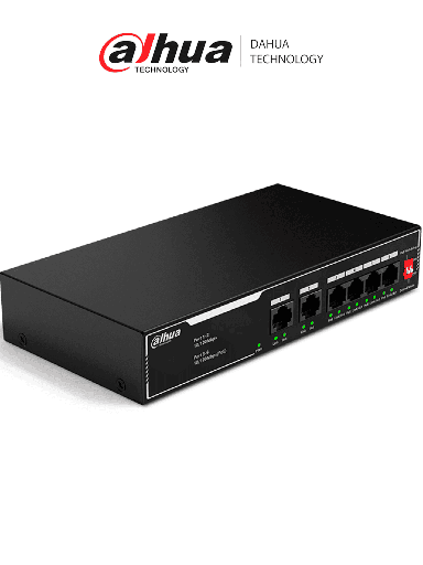 DAHUA DH-SF1006LP - Switch PoE de 6 Puertos Fast Ethernet/ 4 Puertos PoE 10/100/ 36 Watts Totales/ 2 Puertos Uplink RJ45 10/100/ PoE Watchdog/ Soporta hasta 250mts sobre UTP CAT 6/ Protección Contra Descargas/ #LoNuevo