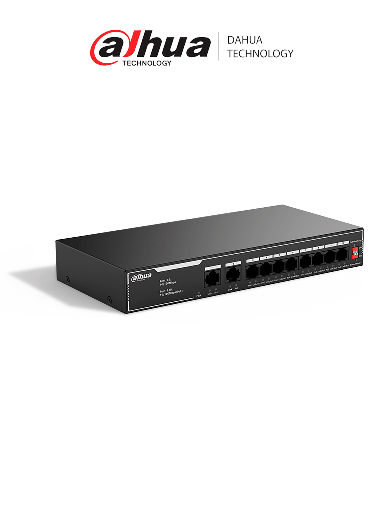 DAHUA SF1010LP - Switch PoE de 10 Puertos Fast Ethernet/ 8 Puertos PoE 10/100 / 65 Watts Totales / 2 Puertos Uplink RJ-45/ PoE watchdog/ Hasta 250 metros/ Switching 12 Gbps/ Protección Contra Descargas/ #LoNuevo