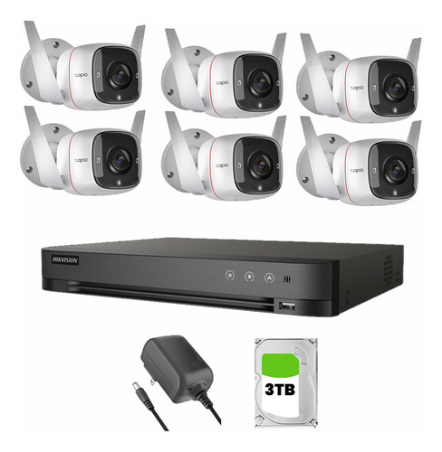 Tapo + Kit Videovigilancia cronos TAPO-C3106C 6 cámaras ip bullet c310 wifi audio doble vía detección de movimiento definición hd + DVR hibrido grabación continua 8ch IDS-7204HUHI-M1/S + HDD 3TB