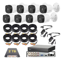Kit Video Vigilancia Dahua Con Dvr De 8 Canales, 8 Camaras 2mp 2.8 Mm 20mts Ir Dh-hac-b1a21n, 8 Rollos De Cable Coaxial De 18mts, 2 Fuentes Con Pulpo De 4 Salidas, Disco Duro De 2tb