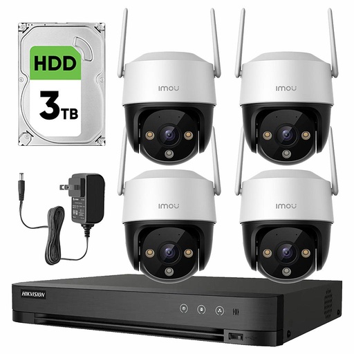 Imou Kit Videovigilancia 4 Cámaras IP PTZ Wifi de 2 MP IPC-S21FEN Cruiser SE+ / Microfono Altavoz y Visión Nocturna 24/7 / Grabación Continua + Disco Duro 3TB + DVR Turbo HD de 8MP 4K (IDS-7204HUHI-M1/S )