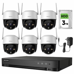 Imou Kit Videovigilancia 6 Cámaras IP PTZ Wifi de 2 MP IPC-S21FEN Cruiser SE+ / Microfono Altavoz y Visión Nocturna 24/7 / Grabación Continua + Disco Duro 3TB + DVR Turbo HD de 8MP 4K (IDS-7204HUHI-M1/S )