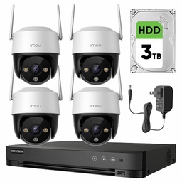 Imou Kit Videovigilancia 4 Cámaras  IP PTZ Wifi de 4 MP IPC-S41FEN Cruiser SE+ / Microfono Altavoz y Visión Nocturna 24/7 / Grabación Continua + Disco Duro 3TB + DVR Turbo HD de 8MP 4K (IDS-7204HUHI-M1/S )