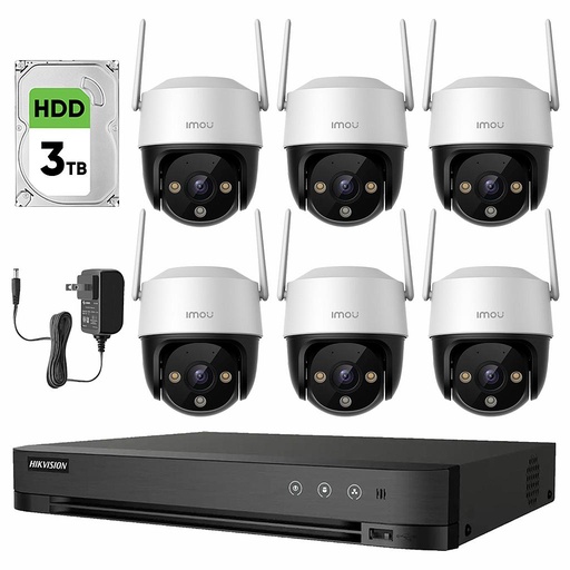 Imou Kit Videovigilancia 6 Cámaras  IP PTZ Wifi de 4 MP IPC-S41FEN Cruiser SE+ / Microfono Altavoz y Visión Nocturna 24/7 / Grabación Continua + Disco Duro 3TB + DVR Turbo HD de 8MP 4K (IDS-7204HUHI-M1/S )