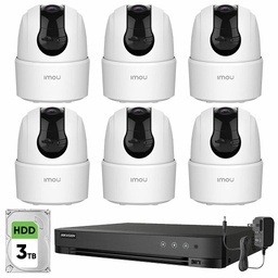 Imou Kit Videovigilancia 6 Cámaras Domo IP PTZ de 2 MP WiFi IPC-TA22CN-B Audio y Visión Nocturna 24/7 / Grabación Continua + Disco Duro 3TB + DVR Turbo HD de 8MP 4K (IDS-7204HUHI-M1/S )