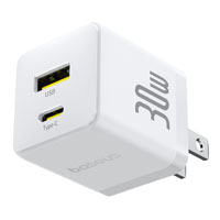 Cargador de Pared 2 puertos Baseus, Carga Rápida, 1 Tipo C+1 USB-A 30W, Color Blanco