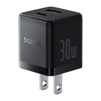 Cargador de Pared 2 puertos Baseus, Carga Rápida, 1 Tipo C+1 USB-A 30W, Color Negro
