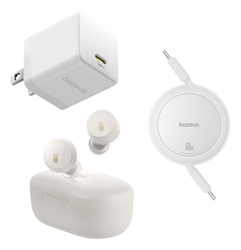 Kit Baseus Cargador De Pared Usb Tipo C 30 W Gan 5s + cable tipo c a tipo c +  Audifonos Inalámbricos Bowie E18 Bluetooth 5.3 Carga Super Rápida iPhone, Galaxy, Google Pixel 7
