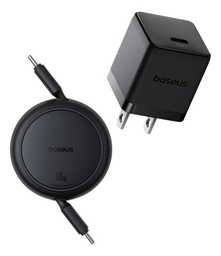 Kit Baseus Cargador De Pared Usb Tipo C 30 W + Cable Retráctil Tipo C A Tipo C Carga Super Rápida Color negro iPhone 15/14/13/12/11/pro/pro Max/xs/xr, Galaxy S23 Ultra, Google Pixel 7,iPad Pro