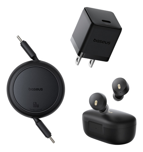 Kit Baseus Cubo De Carga Usb Tipo C 30 W + Cable Retráctil Tipo C A Tipo C + Audífonos Inalámbricos Bowie E18 Bluetooth 5.3 Carga Super Rápida iPhone, Galaxy, Google Pixel 7 color negro