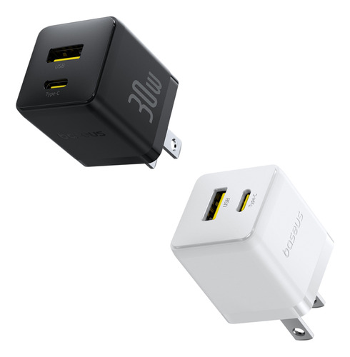 Kit Baseus 2 Cubos de carga 2 puertos Usb + Tipo C 30 W Carga Rápida Color blanco + color negro iPhone 15/14/13/12/11/pro/pro Max/xs/xr, Galaxy S23 Ultra, Google Pixel 7, Macbook Air, iPad Pro