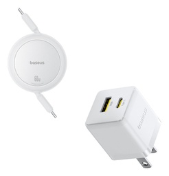 Kit Baseus Cargador De Pared 2 puertos Usb + Tipo C 30 W + cable retráctil tipo c a tipo c Carga Super Rápida Color blanco iPhone 15/14/13/12/11/pro/pro Max/xs/xr, Galaxy S23 Ultra, Google Pixel 7,iPad Pro