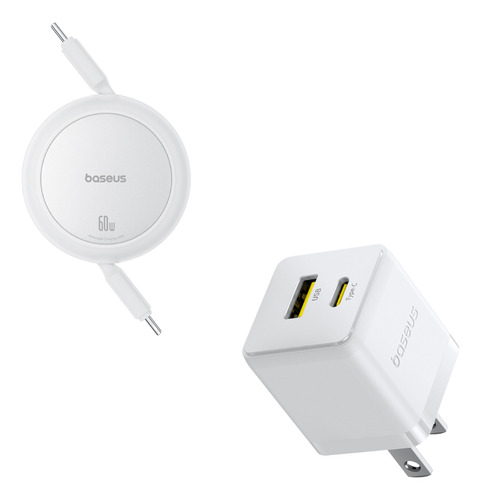Kit Baseus Cargador De Pared 2 puertos Usb + Tipo C 30 W + cable retráctil tipo c a tipo c Carga Super Rápida Color blanco iPhone 15/14/13/12/11/pro/pro Max/xs/xr, Galaxy S23 Ultra, Google Pixel 7,iPad Pro