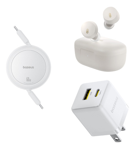 Kit Baseus Cargador De Pared 2 puertos Usb + Tipo C 30 W Gan 5s + cable tipo c a tipo c +  Audifonos Inalámbricos Bowie E18 Bluetooth 5.3 Carga Super Rápida iPhone, Galaxy, Google Pixel 7