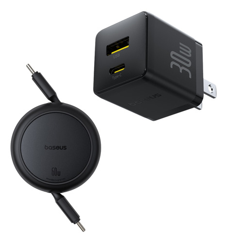 Baseus Kit Cargador De Pared 2 puertos Usb A y Tipo C 30 W + Cable Retráctil Tipo C A Tipo C 60w Carga Rápida Color negro iPhone y Android carga simultanea