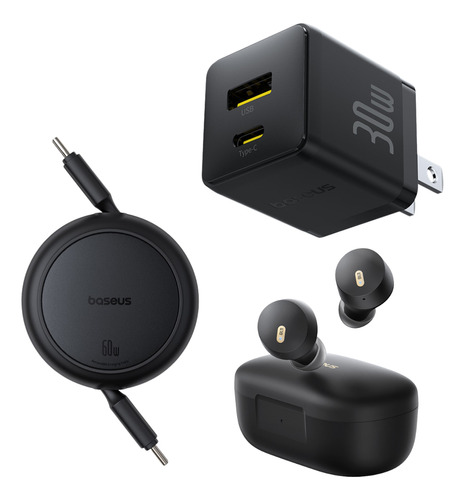 Baseus Kit Cargador De Pared 2 puertos Usb A y Tipo C 30 W Gan 5s + cable tipo c a tipo c 60w+  Audifonos Inalámbricos Bowie E18 Bluetooth 5.3 Carga Rápida iPhone y android