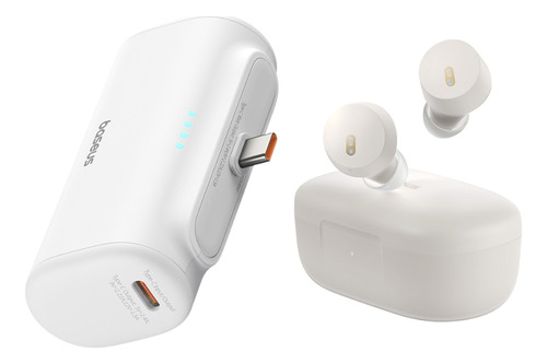 Baseus kit Power Bank 5000mah 20w 2 Puertos Tipo C Bateria Portátil Color Blanco + audifonos Inalambricos Bluetooth 5.3 Bowie E18 Carga Rápida Ligero, Potente Y Versátil Apple Y Android