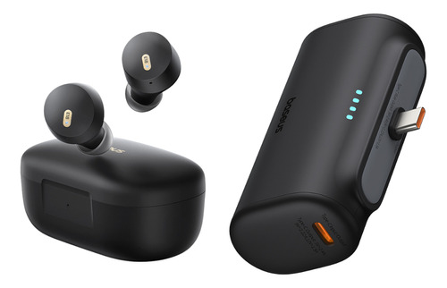 Baseus kit Power Bank 5000mah 20w 2 Puertos Tipo C Bateria Portátil Color negro + audifonos Inalambricos Bluetooth 5.3 Bowie E18 Carga Rápida Ligero, Potente Y Versátil Apple Y Android