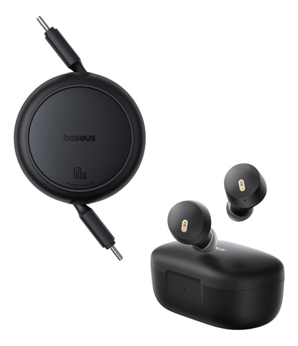 Baseus kit Cable Retractil 1 Metro Tipo C A Tipo C-tipo C 60w Color Negro + audifonos Inalambricos Bluetooth 5.3 Bowie E18 Carga Rápida Practico Compatible Android y Apple Seguridad Y Rapidez