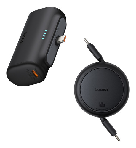 Baseus Cable Retractil 1 Metro Tipo C A Tipo C-tipo C 60w Color Negro + Power Bank Baseus 5000mAh 20W, 2 puertos Tipo C, Bateria Portátil apple y android