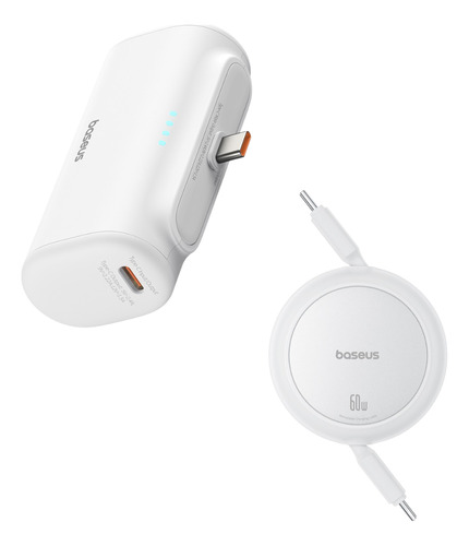 Baseus Cable Retractil 1 Metro Tipo C A Tipo C-tipo C 60w Color blanco + Power Bank Baseus 5000mAh 20W, 2 puertos Tipo C, Bateria Portátil apple y android
