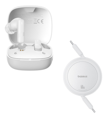 Baseus kit Cable Retractil 1 Metro Tipo C A Tipo C-tipo C 60w Color Negro + Audífonos Bluetooth Bowie E20  Hasta 33 Horas Carga Rápida Control Touch Micrófono Incorporado Anc Blanco Cancelación De Ruido Ambiental