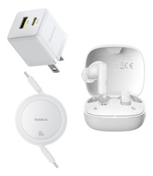 Kit Baseus Cargador De Pared Usb Tipo C 30 W Gan 5s + cable tipo c a tipo c +  Audifonos Inalambricos Bluetooth 5.3 Bowie E20 33 horas con el estuche de carga 6 horas de uso continuo resistente al agua IPX5