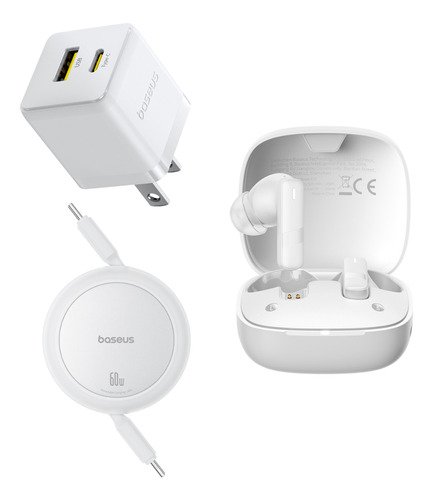 Kit Baseus Cargador De Pared Usb Tipo C 30 W Gan 5s + cable tipo c a tipo c +  Audifonos Inalambricos Bluetooth 5.3 Bowie E20 33 horas con el estuche de carga 6 horas de uso continuo resistente al agua IPX5