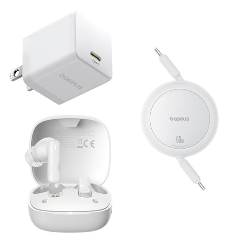 Kit Baseus Audifonos Bluetooth 5.3 Bowie E20 33 Hrs Con El Estuche De Carga 6 Hrs Uso Continuo Cancelación De Ruido + Cargador De Pared Usb C 30 W + cable tipo c a tipo c Carga Rápida