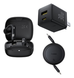 Baseus Kit Audifonos Bluetooth 5.3 Bowie E20 33 Hrs Con El Estuche De Carga 6 Hrs Uso Continuo Cancelación De Ruido + Cargador De Pared 2 puertos Usb A y Tipo C 30 W + cable retractil tipo c a tipo c 60w Carga Rápida
