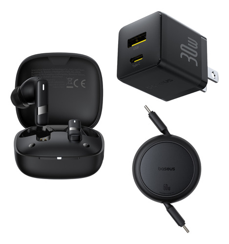 Baseus Kit Audifonos Bluetooth 5.3 Bowie E20 33 Hrs Con El Estuche De Carga 6 Hrs Uso Continuo Cancelación De Ruido + Cargador De Pared 2 puertos Usb A y Tipo C 30 W + cable retractil tipo c a tipo c 60w Carga Rápida