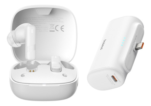 Baseus kit Audifonos Bluetooth 5.3 Bowie E20 33 Hrs Con El Estuche De Carga 6 Hrs Uso Continuo Cancelación De Ruido + Power Bank 5000mah 20w 2 Puertos Tipo C Bateria Portátil Color Blanco carga rápida