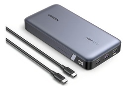 Power Bank de 25000mAh / 3 Salidas 145W Max. / USB-A + 2 USB-C / PD 3.0, QC3.0 / FCP / SCP / Pantalla Inteligente / Carcasa Ignifuga / Color Gris / Incluye Cable USB de 50cm / Carga tu Laptop de Manera Segura.