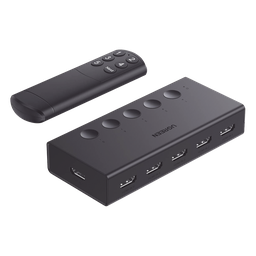 Conmutador HDMI 5X1 | 4K@60Hz | HDMI 2.0, 1.4 |  HDCP 2.2, 1.4 | VRR | Dynamic HDR | 3D | CEC | EDID | IR 10m | 18Gbps | Cambio Manual y por Control Remoto |  Incluye Cable de Alimentación USB.
