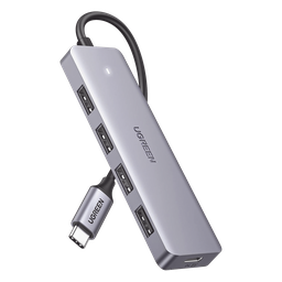 HUB USB-C 3.0 4 EN 1 | 4 Puertos USB-A (5Gbps) | Carcasa ABS + PC | Soporta OTG | Luz Indicadora LED | Compatible con iPhone 15 Pro MAX) | Interfaz Niquelada | Color Gris Metalizado | Cable de 15cm.