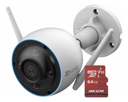 Ezviz Cámara De Seguridad Tipo Bala 3MP 2K H32K-64 + MicroSD De 64GB Detección Humana Alertas De Voz Personalizables Con Luz Parpadeante CS-H3-2K Colores en Oscuridad Ideal Para Exteriores