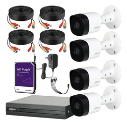 Kit Videovigilancia 4 Cámaras Dahua Metálicas Bala B2A51 5 Mp + Disco Duro 3 TB + Cables + Accesorios - Kit CCTV DHT026+3TB-PRPL (DVR XVR1B04H-I Circuito Cerrado)