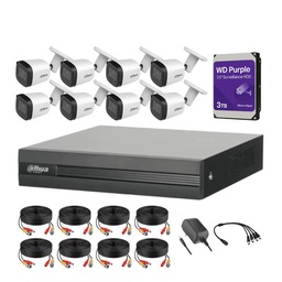 Kit Videovigilancia Cronos 8 Cámaras Dahua Metálicas Bala B2A51 5 MP + HDD de 3 TB + Cables + Accesorios - Kit CCTV DHT026-8+3TB-PRPL (DVR XVR1B08H-I Circuito Cerrado)