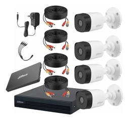 Kit Videovigilancia cronos 4 Cámaras Dahua Bala B1A11 1MP + SSD 500 GB + Cables + Accesorios kit CCTV KITXVR1B04CC-500GB (DVR Dahua XVR1B04H-I Circuito cerrado)