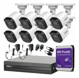Kit DVR DHT0250010 8 Canales KITXVR1B04-2MP, 8 Cámaras 1080p Dahua con Conectores y Balluns + HDD WD Purple de 3TB