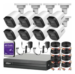 Kit Videovigilancia DHT0250010 Dahua KITXVR1B04-2MP 8 Camaras Bala + Dvr 8ch + cables + Disco Duro WD Purple de 3TB