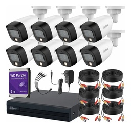 Dahua DHT0250017 Kit de Video Vigilancia 8 Cámaras 2 Mp  Full Color + Disco Duro WD Purple de 3 TB / Cámaras de Seguridad con Detección de Movimiento  Kit CCTV con Accesorios Incluidos
