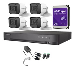 Kit Videovigilancia Hikvision 4 Cámaras Bullet 2ce16h0t Metálicas Con Audio 5mp + Hdd 2tb western digital + Baluns + Accesorios - Kit Cctv Hik5mpslq-high-sc (dvr Hkvision 7204huhi-m1 Circuito Cerrado)